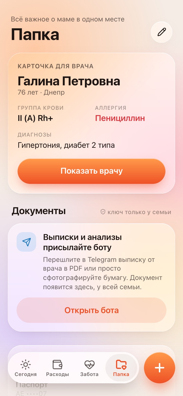 Папка: карточка для врача с аллергией и диагнозами, документы мамы